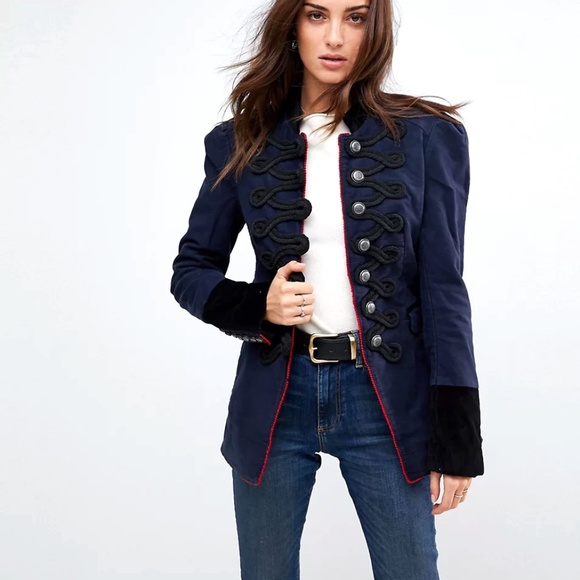 Free People - Navy Velvet Band/Military Jacket - Seamed & Structured - Women's S - Picture 2 of 13